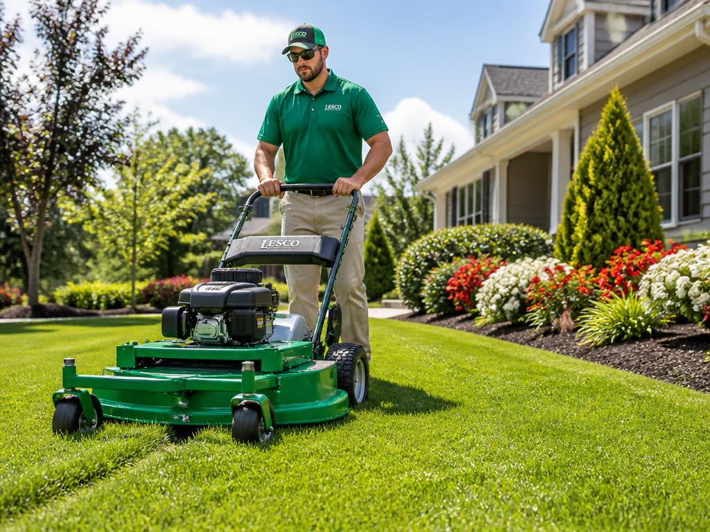 Lawn care professional mowing a healthy green lawn
